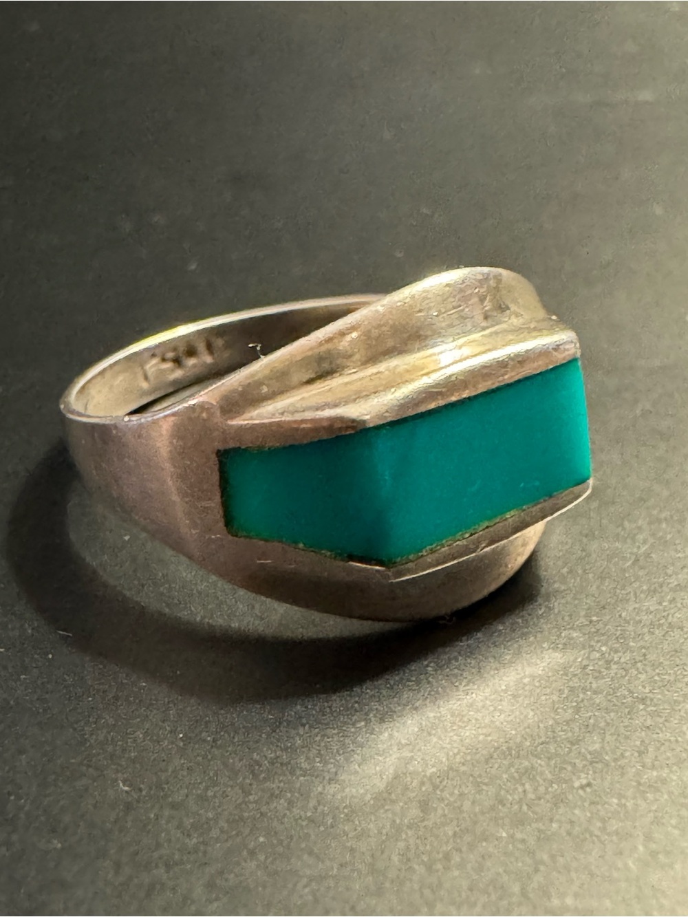 Vintage Sterling Silver Turquoise-Colored Glass Modernist Ring Size 8 - MEXICO